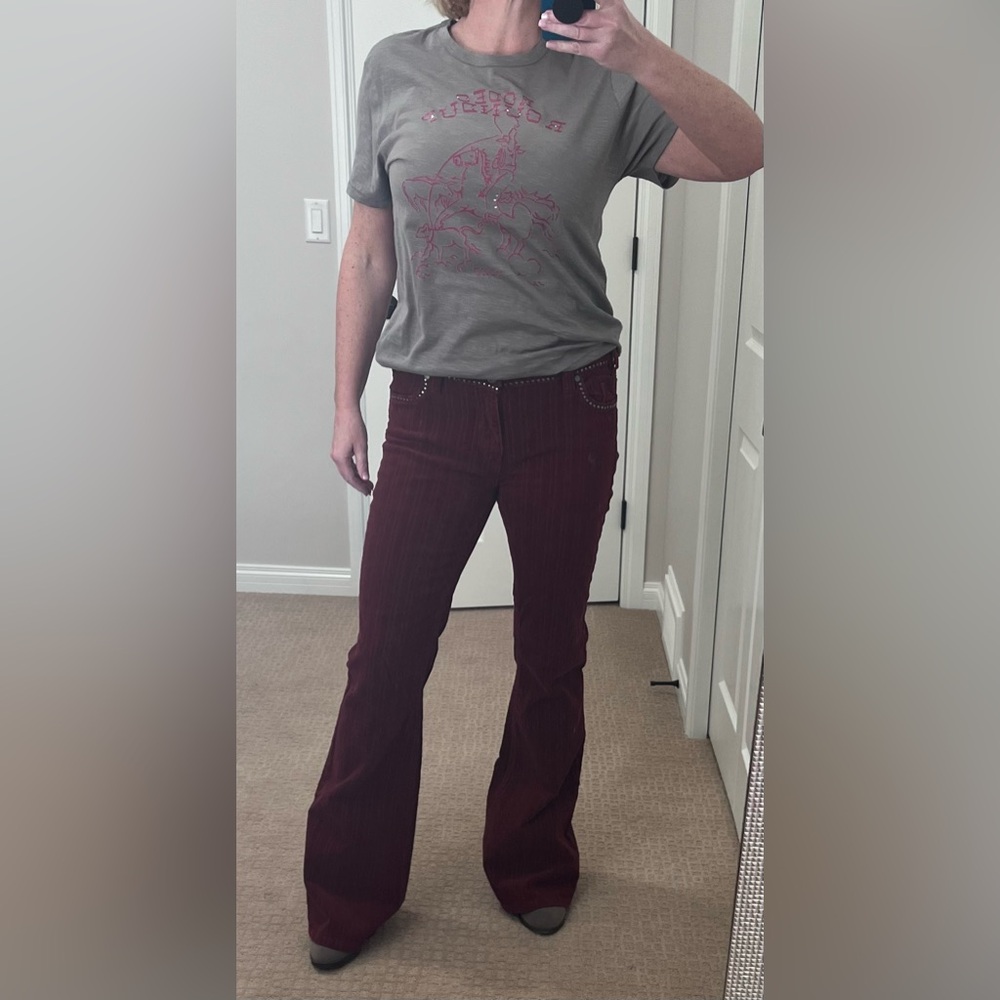 Rock & Roll Burgundy Flared Corduroy Pants with Studded Pockets - NEVER WORN